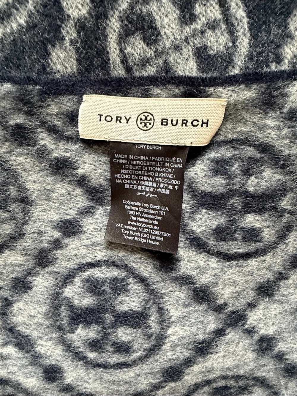 Tory Burch 100% Wool Monogram Reversible Navy and Grey Blanket NWOT